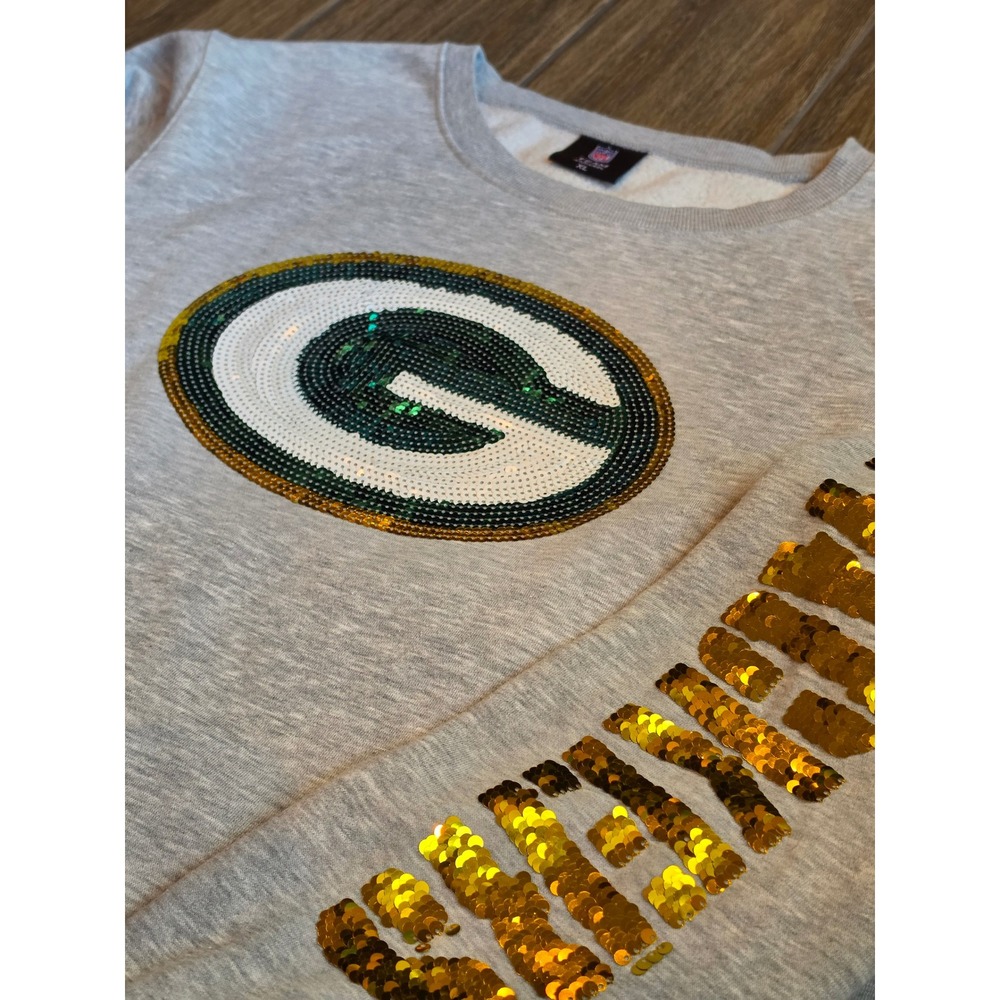 NFL Team Apparel Green Bay Packers Sequin Logo Sweatshirt Heather Gray XL